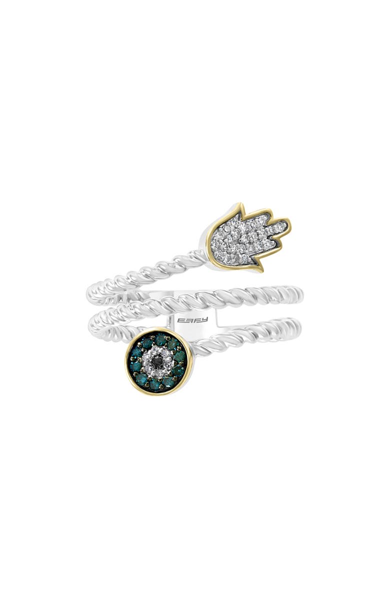 EFFY Sterling Silver & 14K Gold Hamsa & Evil Eye Diamond Ring - 0.17ct., Alternate, color, Blue