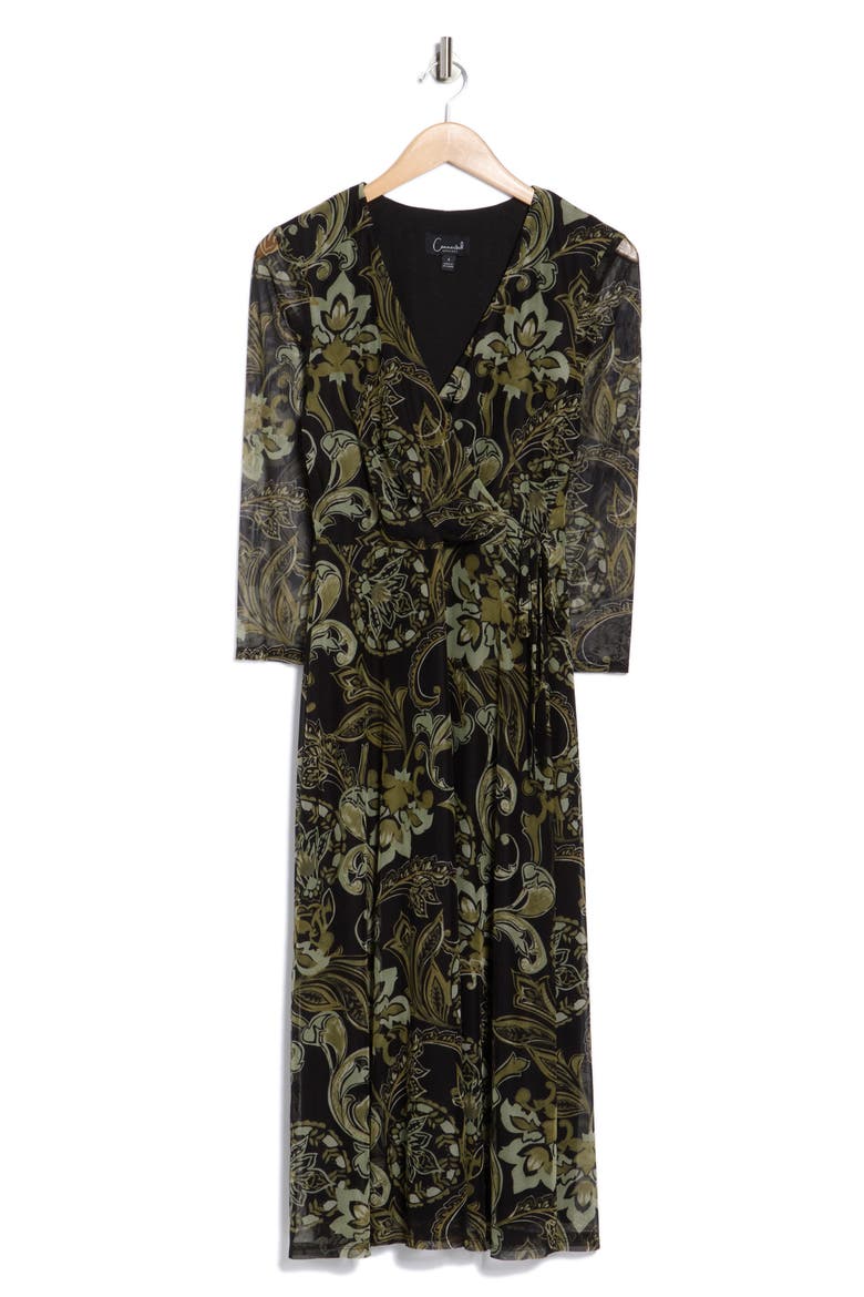 Floral Long Sleeve Faux Wrap Mesh Maxi Dress, Alternate, color, OLIVE