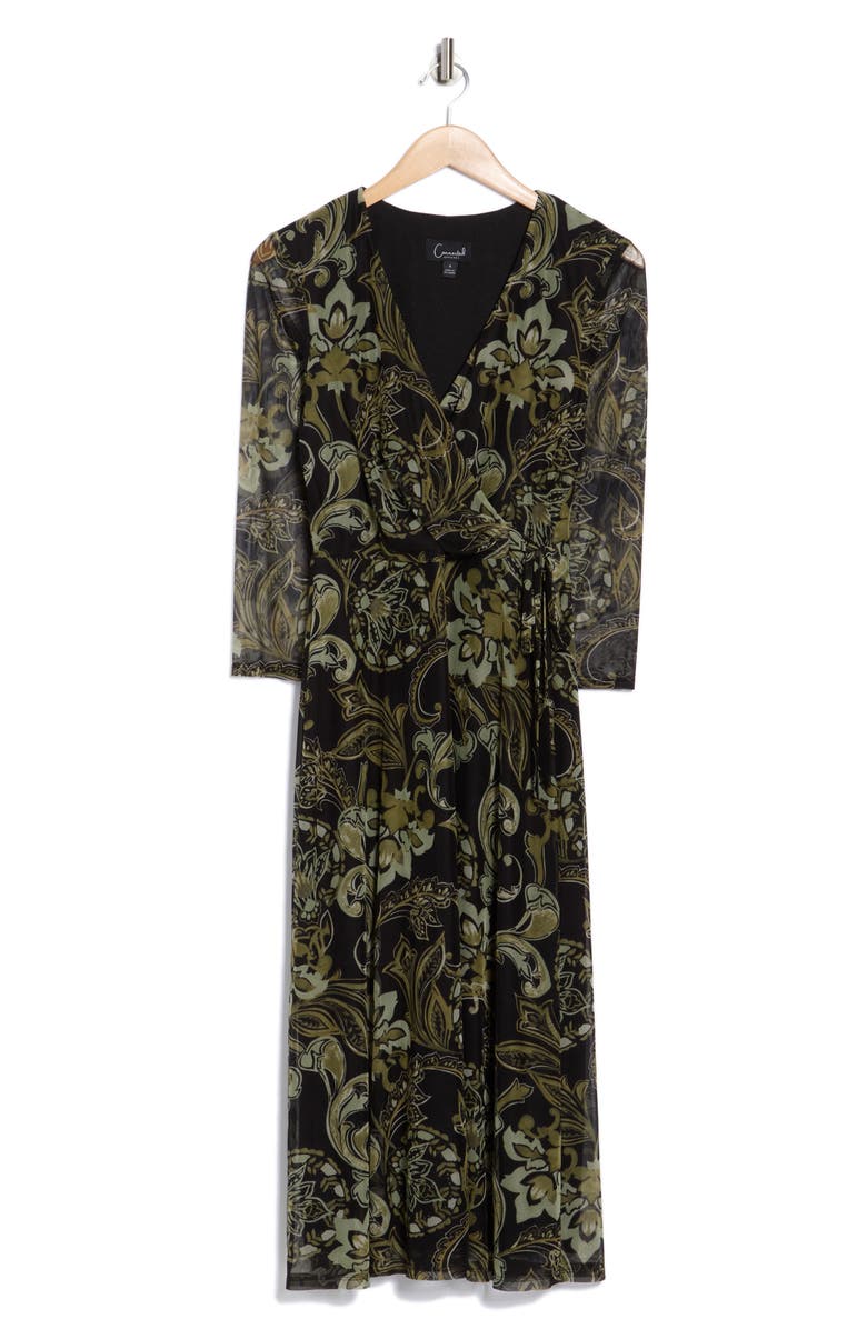 Connected Apparel Floral Long Sleeve Faux Wrap Mesh Maxi Dress, Alternate, color, Olive