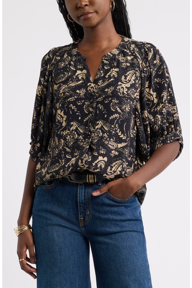 Raglan Sleeve Button-Up Shirt, Main, color, BLACK OVERLAY PAISLEY