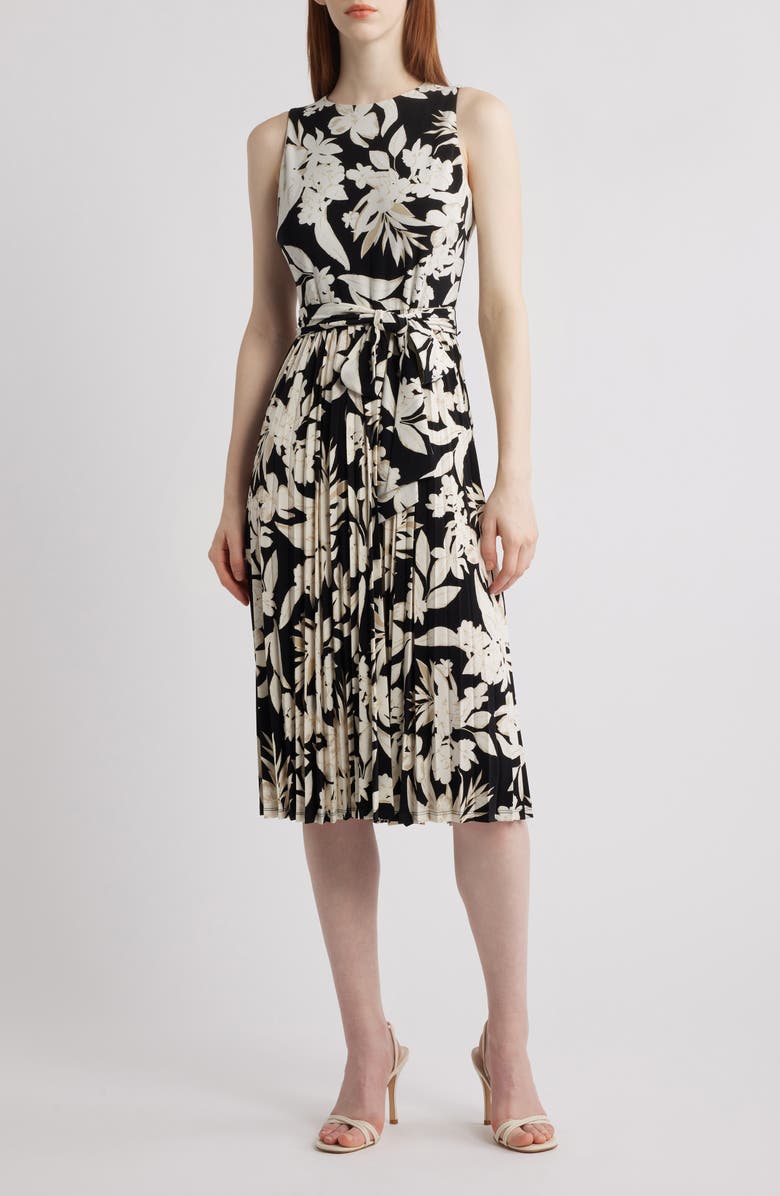 Anne Klein Floral Print Sleeveless Pleat Dress, Main, color,