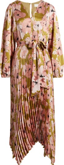 MELLODAY Floral Long Sleeve Pleated Asymmetric Dress | Nordstrom