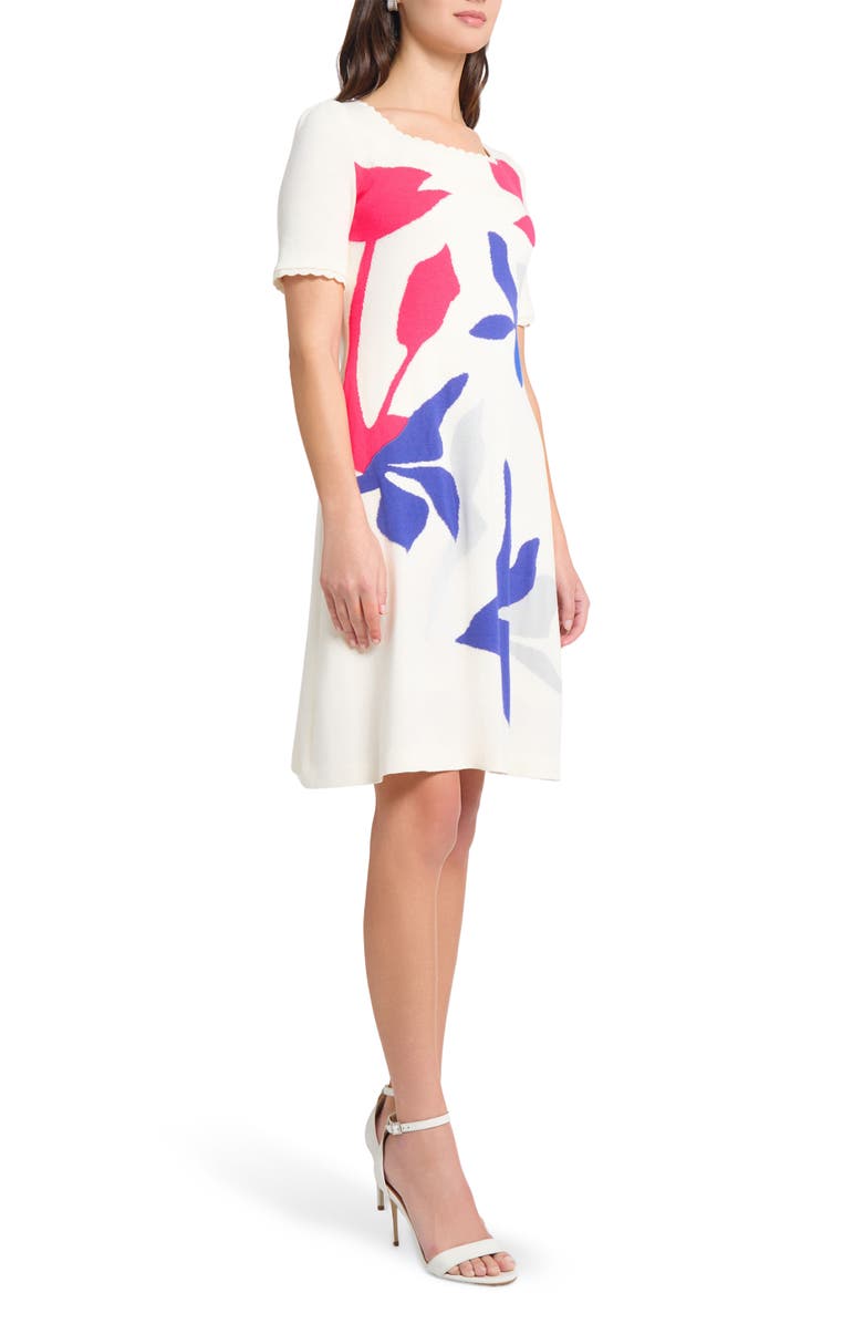 Ming Wang Floral Short Sleeve Sweater Dress, Alternate, color, Ivory/ Sapphire/Fuschia