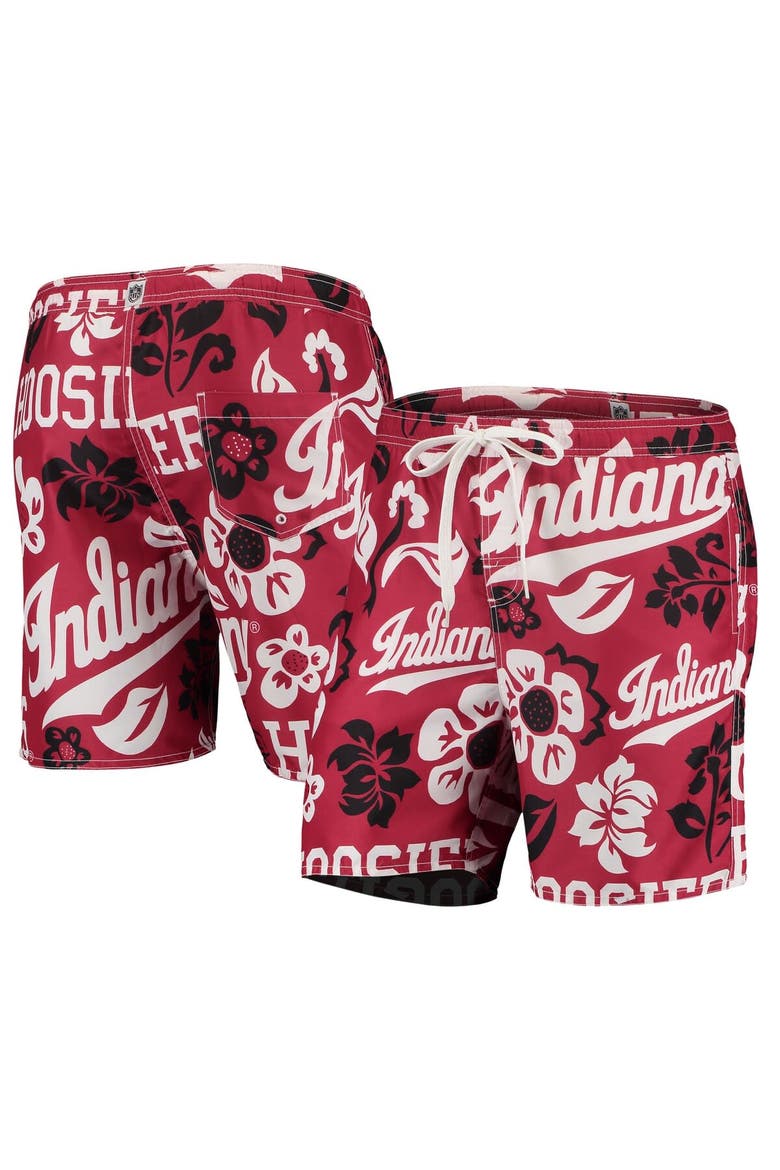 Men's Wes & Willy Crimson Indiana Hoosiers Floral Volley Logo Swim Trunks, Main, color, Crimson