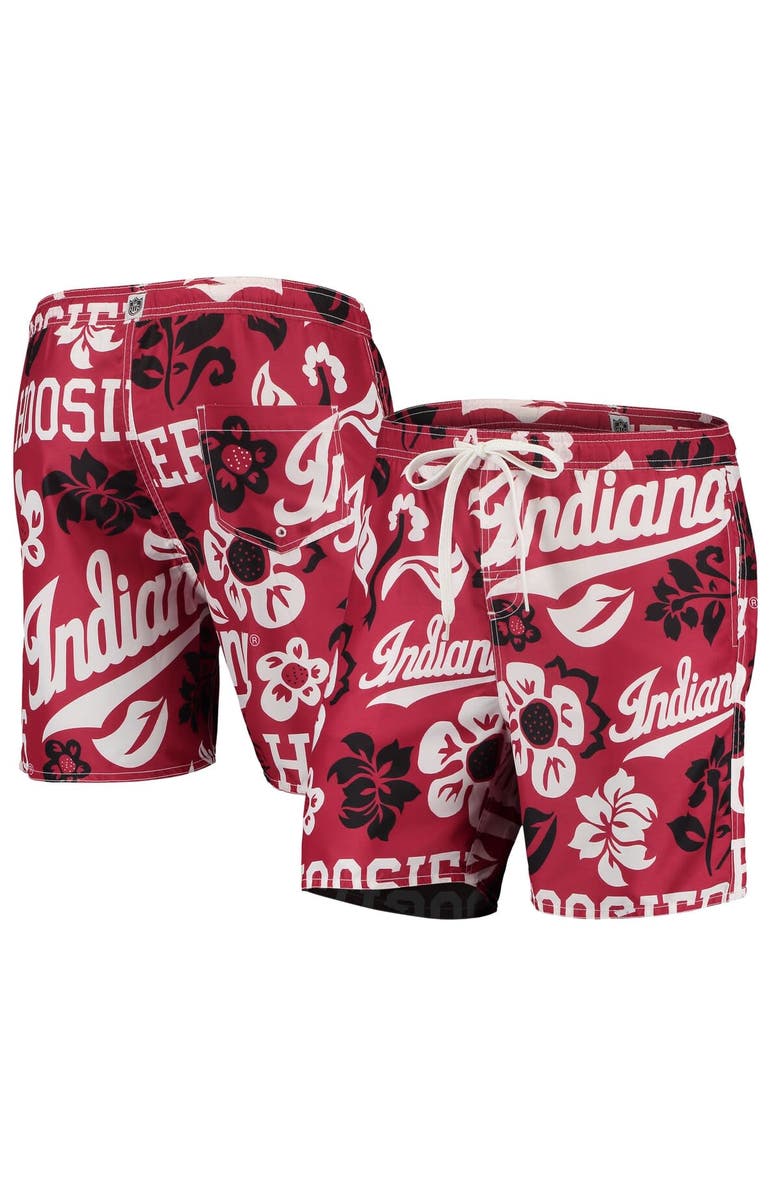 Wes & Willy Men's Wes & Willy Crimson Indiana Hoosiers Floral Volley Logo Swim Trunks, Main, color, Crimson