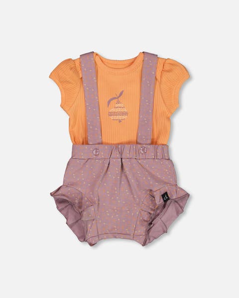 Baby Girl's Printed Organic Cotton Bodysuit And Shortall Set Orange And Purple