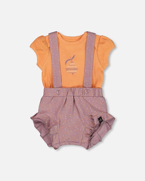 Deux Par Deux Baby Girl's Printed Organic Cotton Bodysuit And Shortall Set Orange And Purple In Orange And Purple