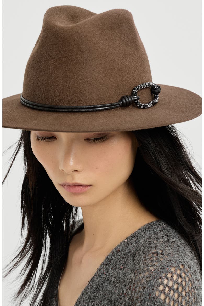 Felt fedora with leather and monili band, Alternate, color, Brown