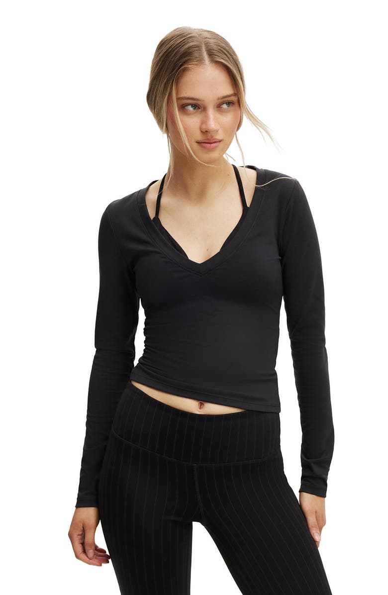 COTTON ON BODY Women's Active Ultra Soft Plunge Front Long Sleeve, Main, color, Black