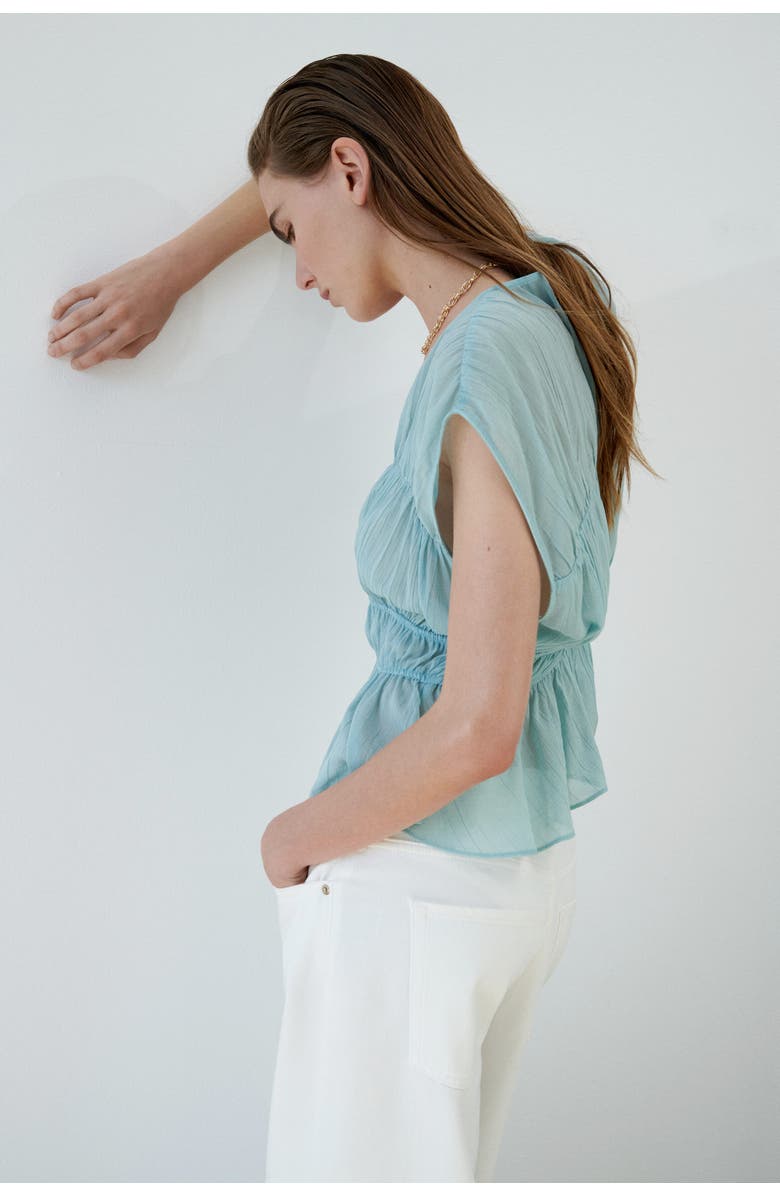 H&M Ruched Cotton Blouse, Alternate, color, Light Turquoise