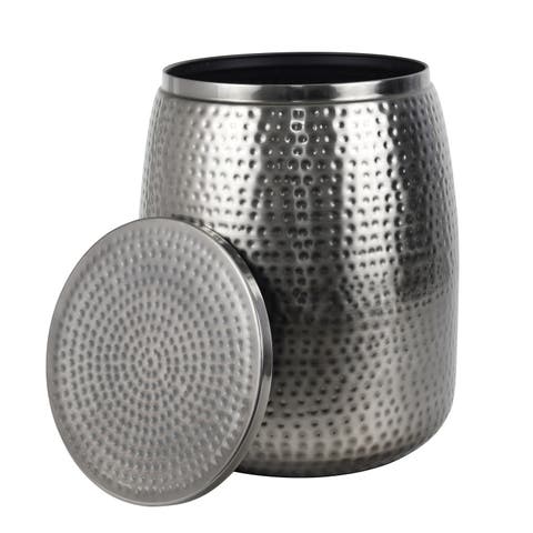 Merida Modern Rustic Hammered Metal Drum Storage Side Table with Lid