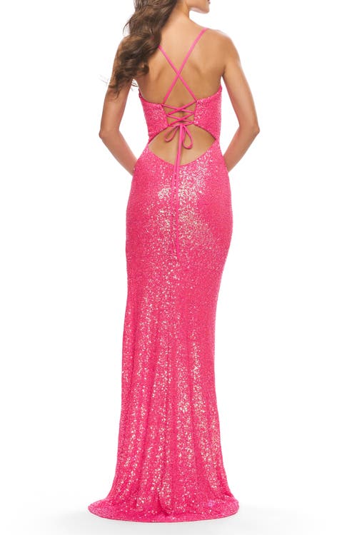 La Femme Stretch Sequin Dress With High Side Slit And V-neck