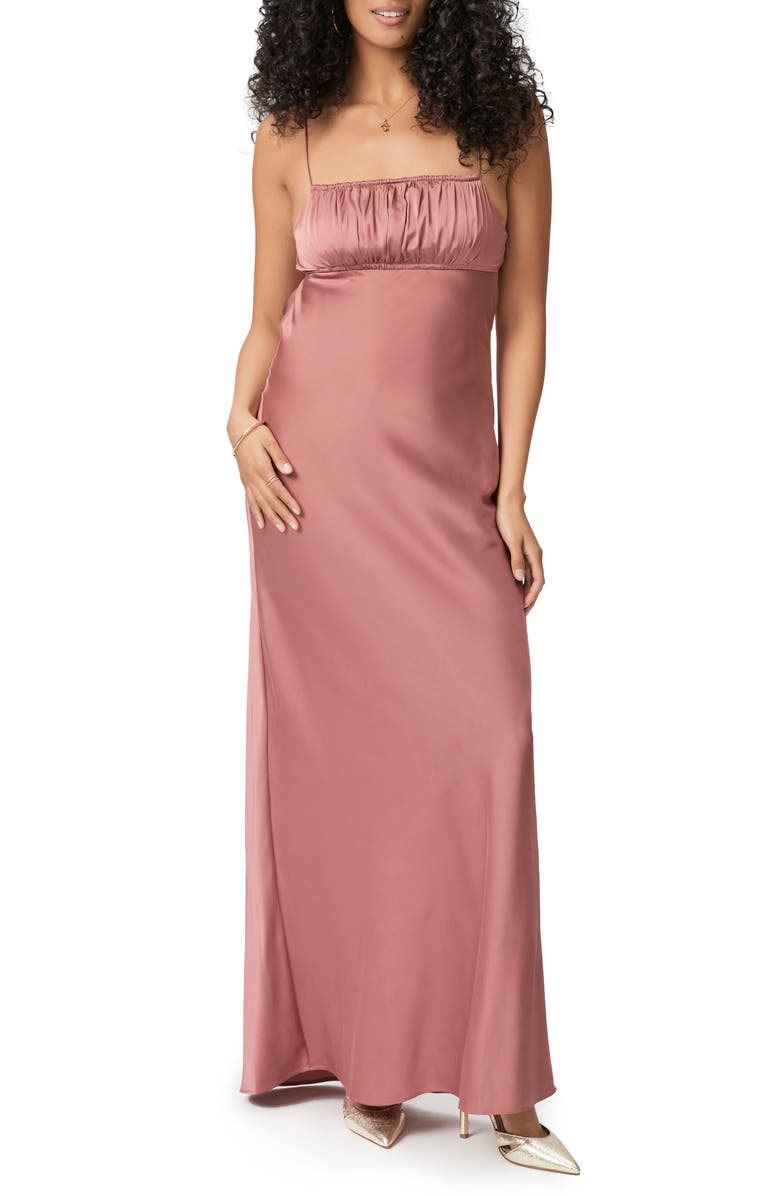 PAIGE Miren Ruched Bodice Satin Midi Dress, Main, color, 
