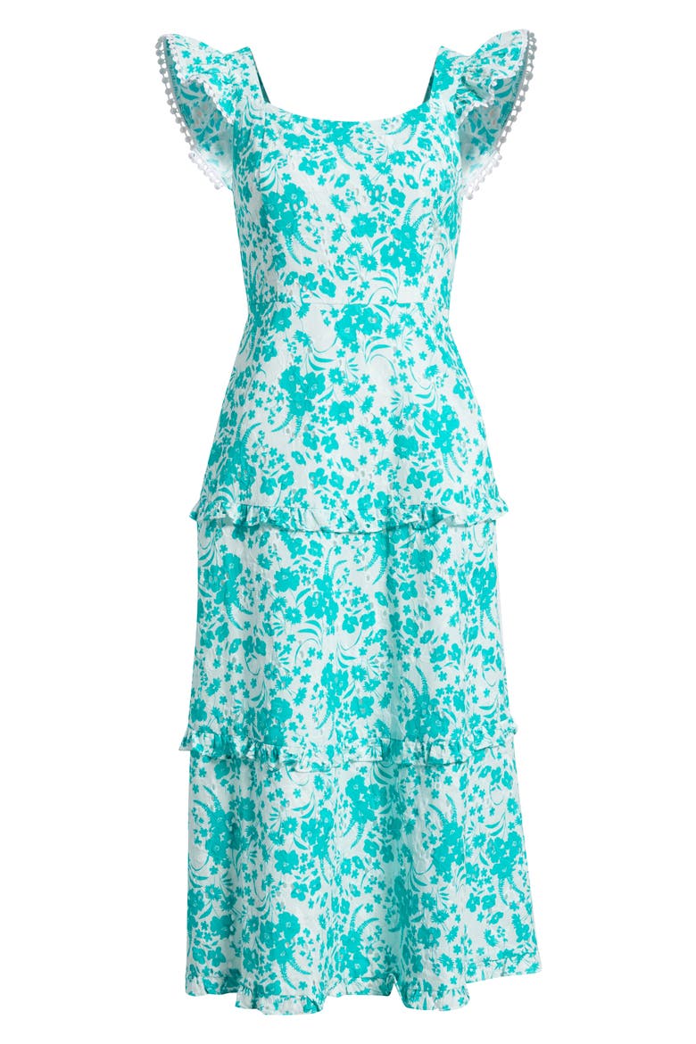 Floral Ruffle Tiered Midi Dress, Alternate, color, CRISPT WHITE/ BERYL GREEN