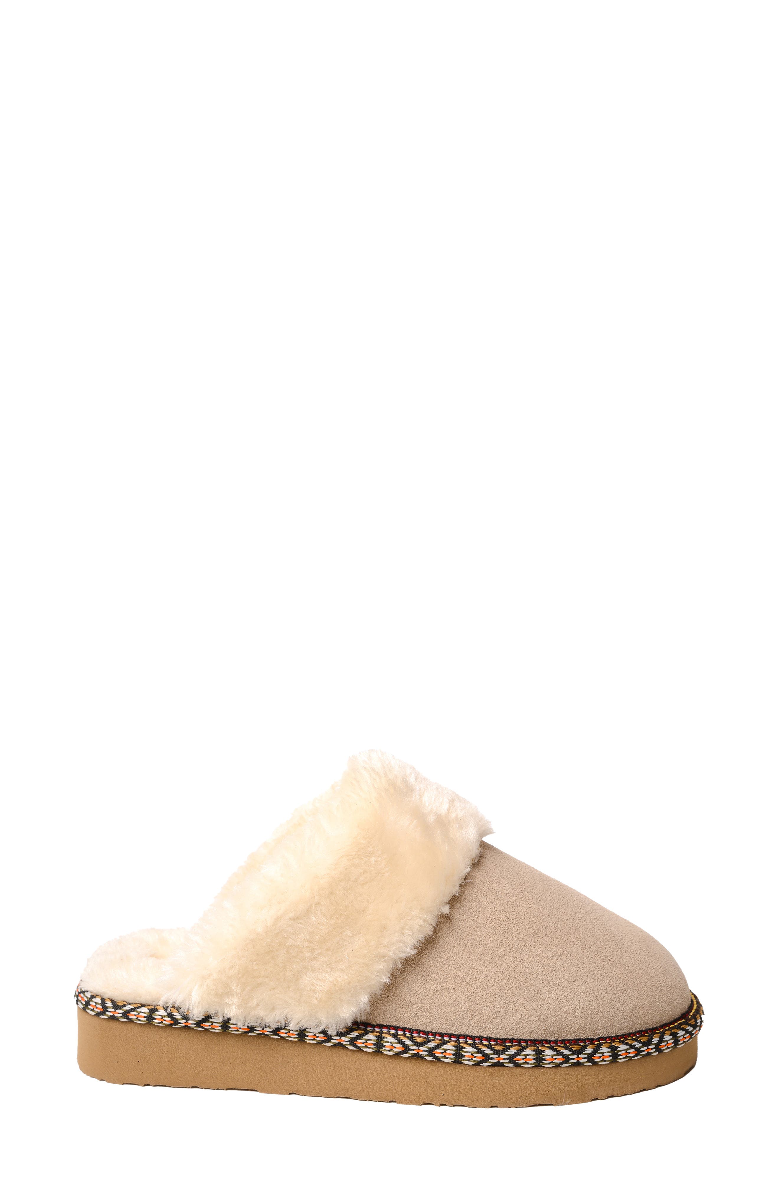 Minnetonka Cerise Faux Fur Scuff Slipper, Alternate, color, Stone
