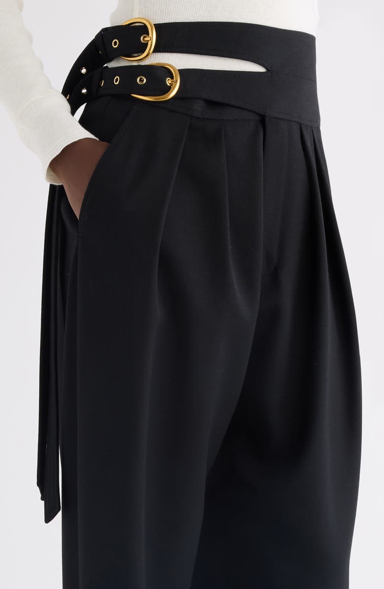 Chloé Buckle Keyhole High Waist Wool Straight Leg Pants, Alternate, color, Black