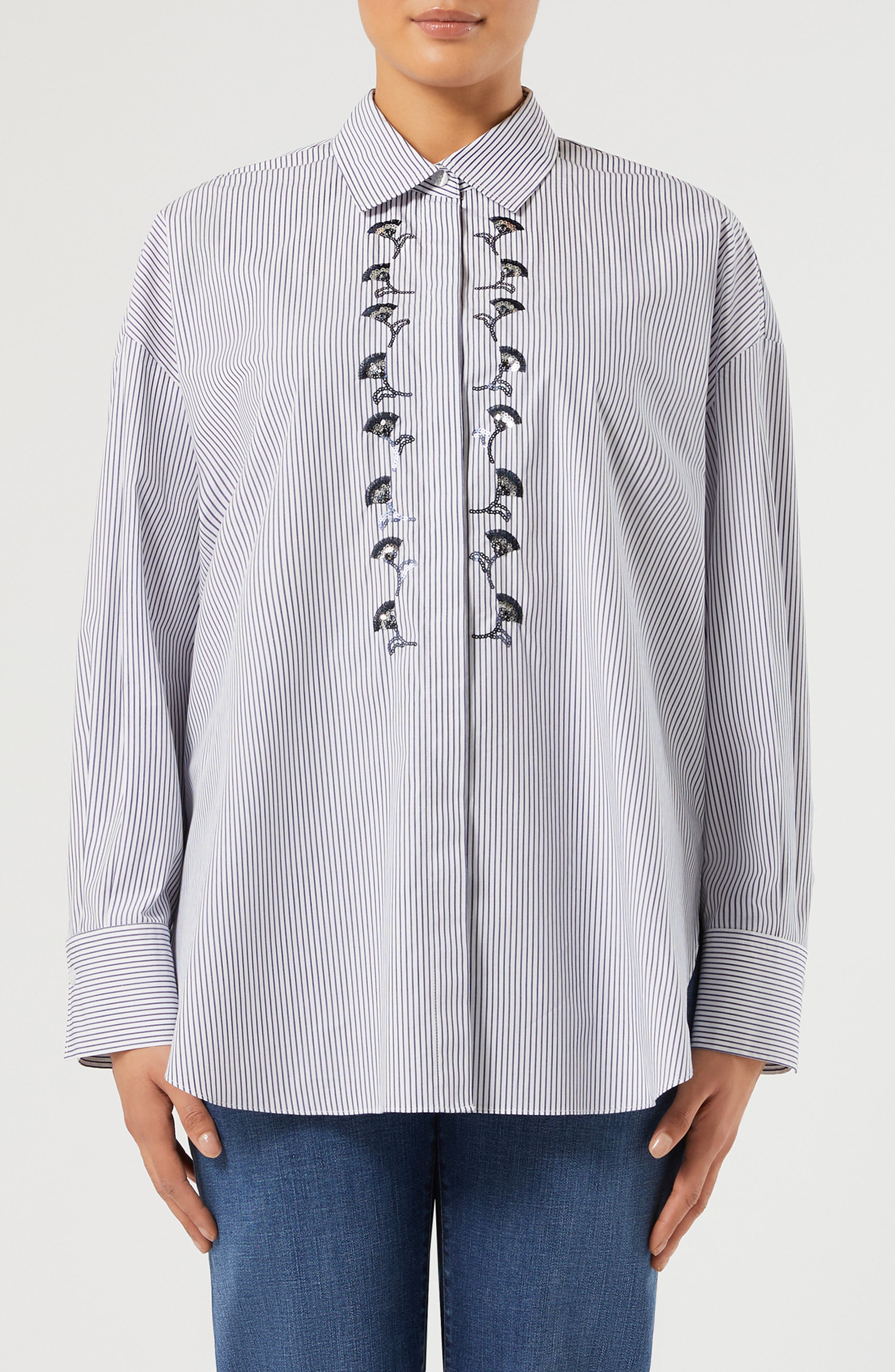 Marina Rinaldi Embroidered Stripe Shirt In Optical White
