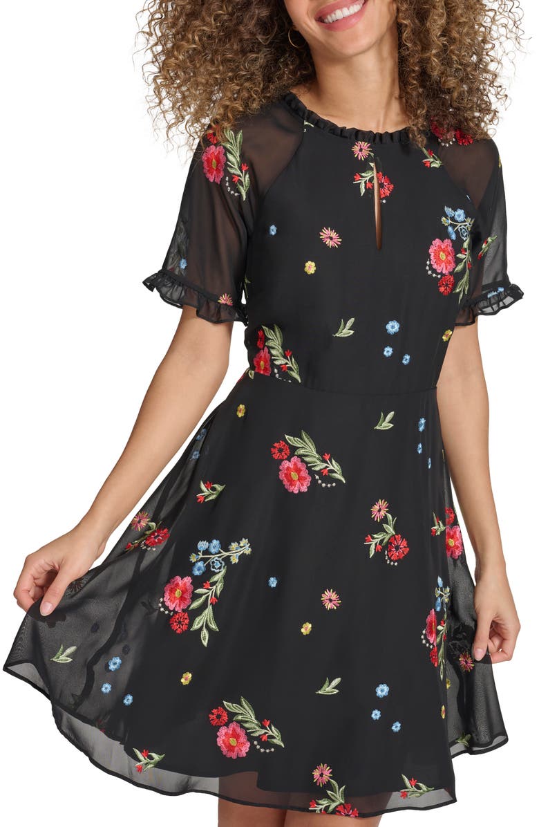 Kensie Embroidered Chiffon Dress, Alternate, color, Black Multi