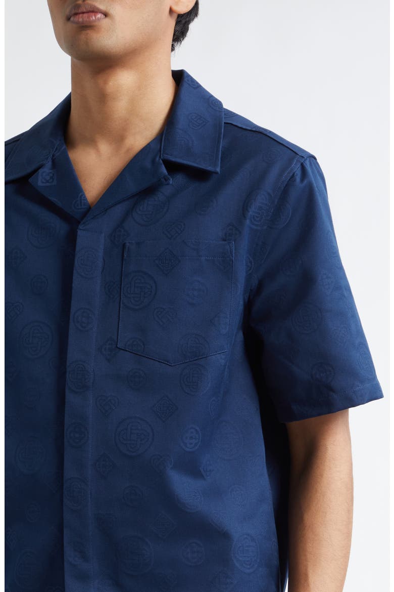 Monogram Cotton Poplin Camp Shirt, Alternate, color, NAVY
