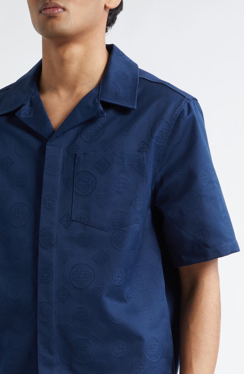 Casablanca Monogram Cotton Poplin Camp Shirt, Alternate, color, Navy