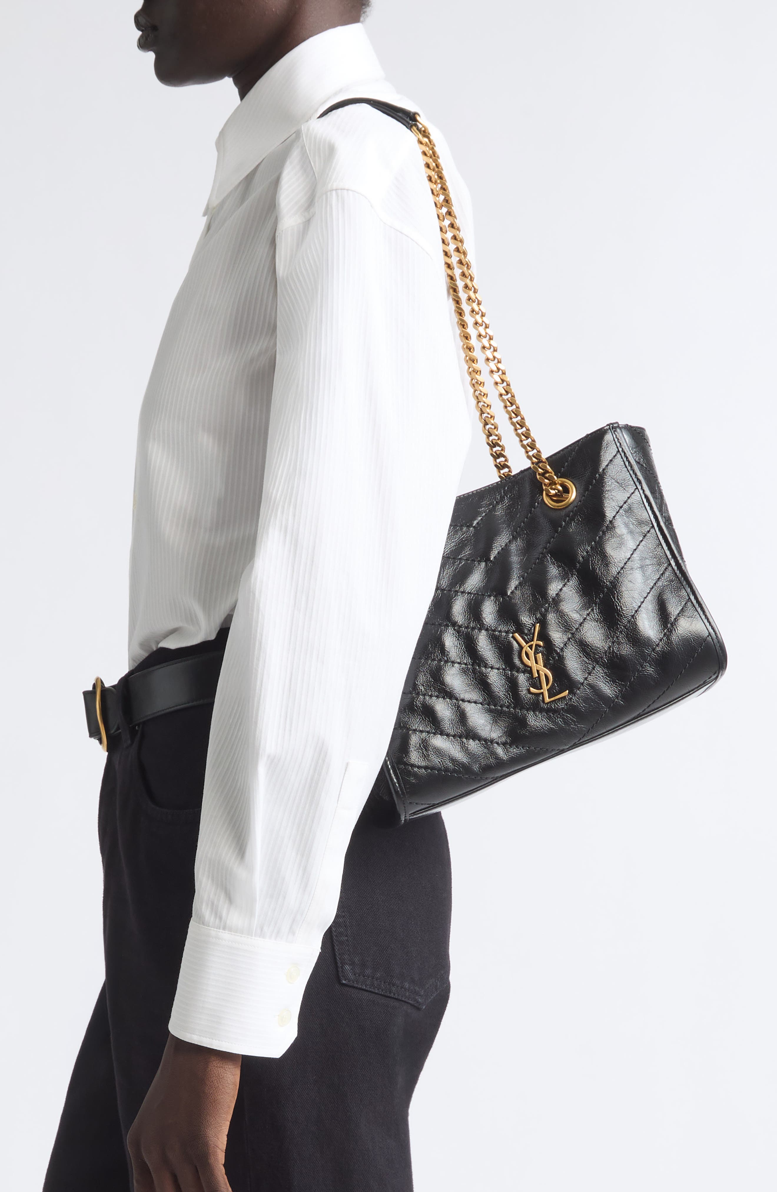Small Niki Matelassé Leather Shopping Tote, Alternate, color, BLACK