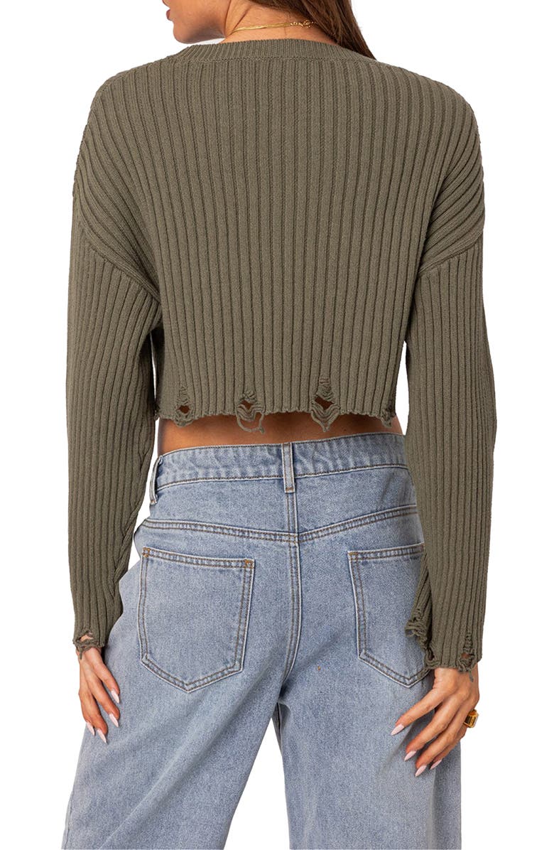 EDIKTED Oversize Distressed Rib Crop Sweater, Alternate, color, Olive