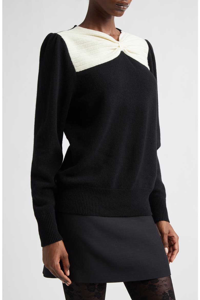 Bow Detail Virgin Wool Sweater, Alternate, color, BLACK/ IVORY