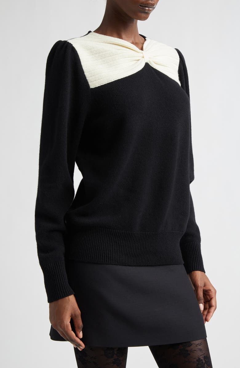 Valentino Bow Detail Virgin Wool Sweater, Alternate, color, Black/ Ivory