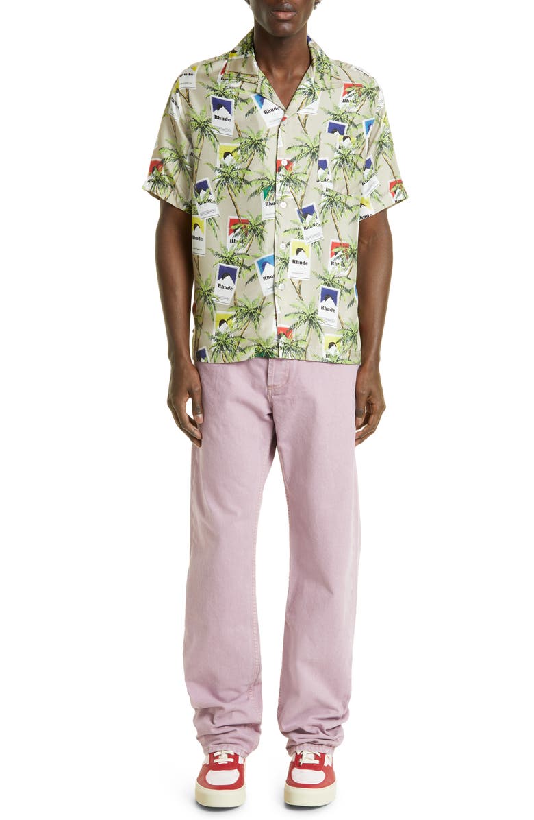 Rhude Palm Tree & Cigarette Print Silk Button-Up Camp Shirt, Alternate, color, 