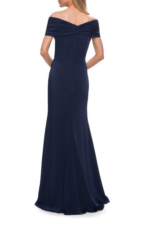 La Femme Simply Chic Off The Shoulder Jersey Gown In Navy