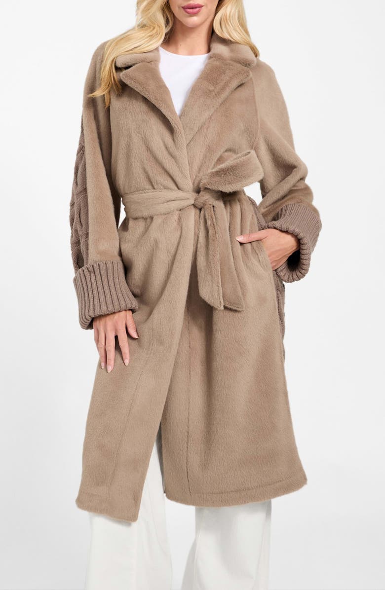 GUESS Lucrezia Faux Fur & Cable Knit Coat, Main, color, Rust