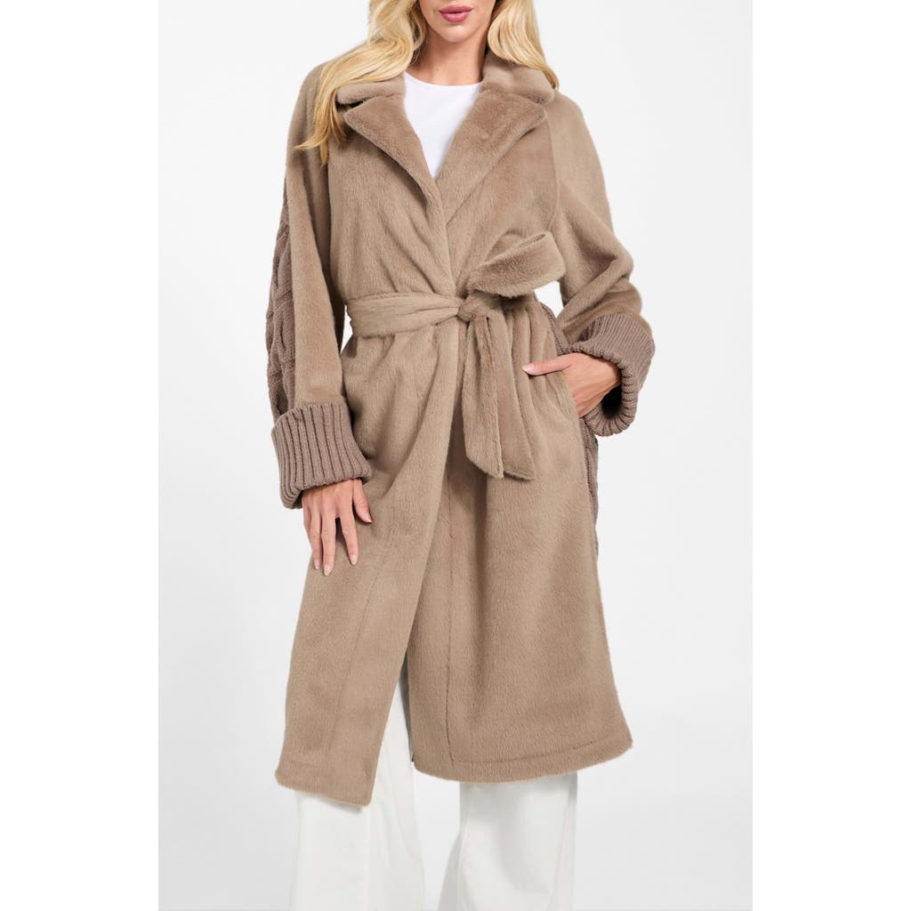 Guess Lucrezia Faux Fur & Cable Knit Coat In Brown