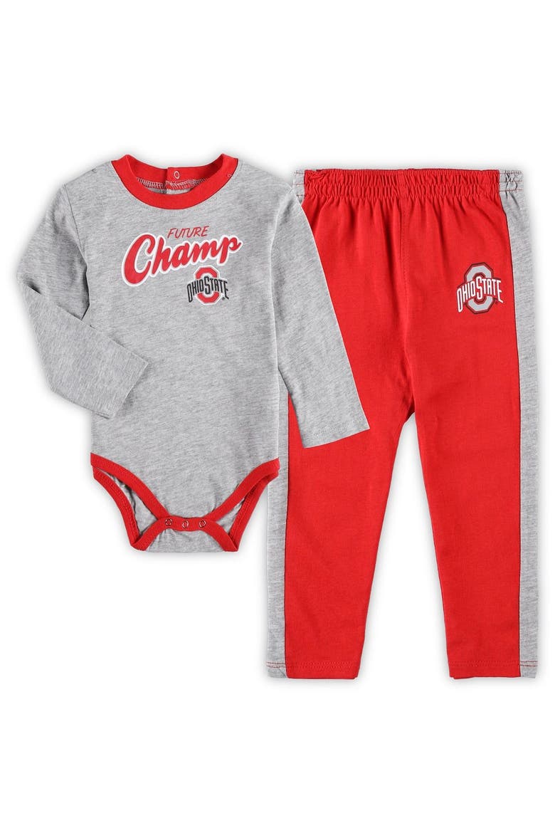 Infant Heathered Gray/Scarlet Ohio State Buckeyes Little Kicker Long Sleeve Bodysuit and Sweatpants Set, Main, color, Heather Gray