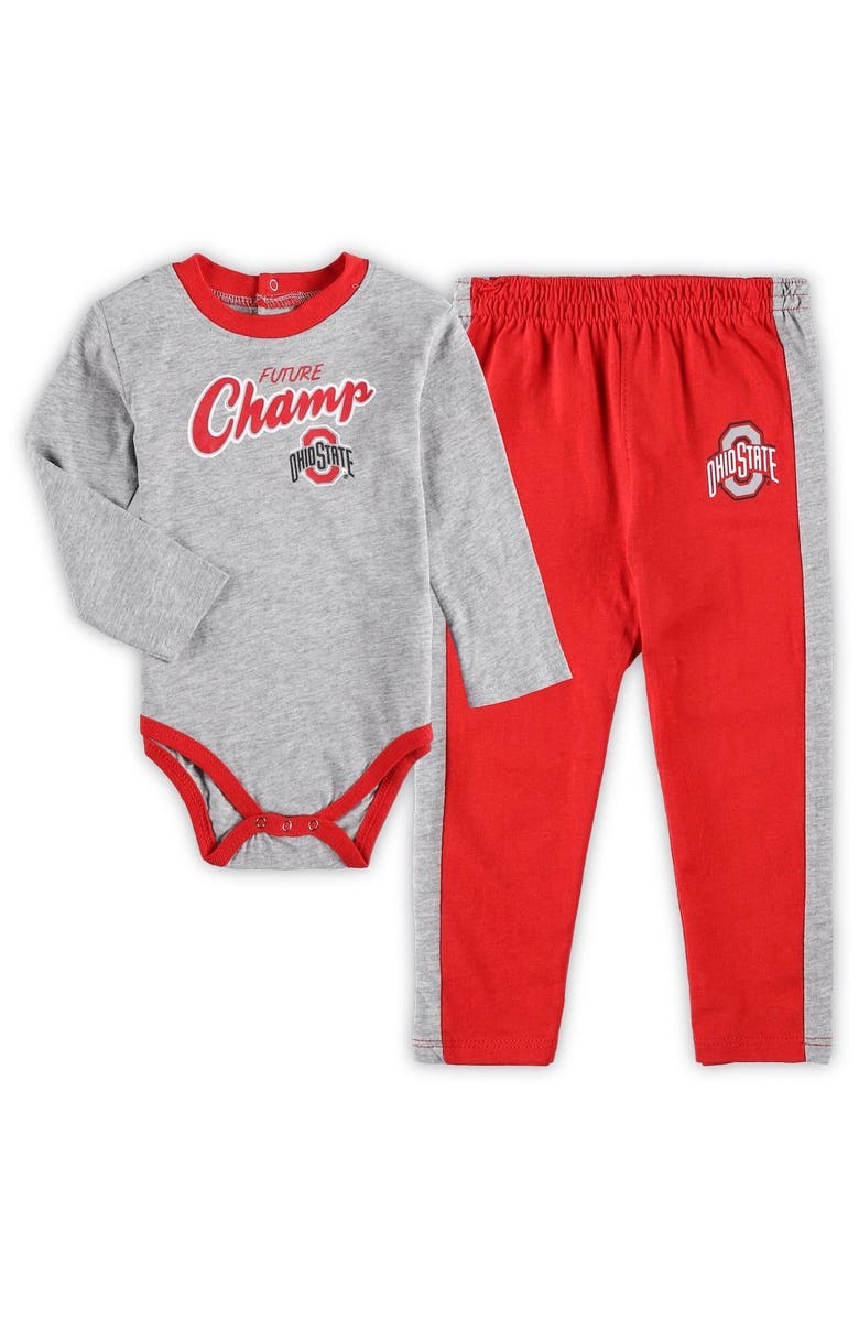 Outerstuff Infant Heathered Gray/Scarlet Ohio State Buckeyes Little Kicker Long Sleeve Bodysuit and Sweatpants Set, Main, color,