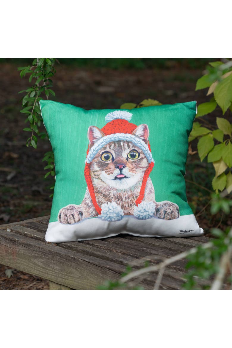 Funny Holiday Cat with Santa Hat Christmas Throw Pillow 18" x 18", Alternate, color, Green