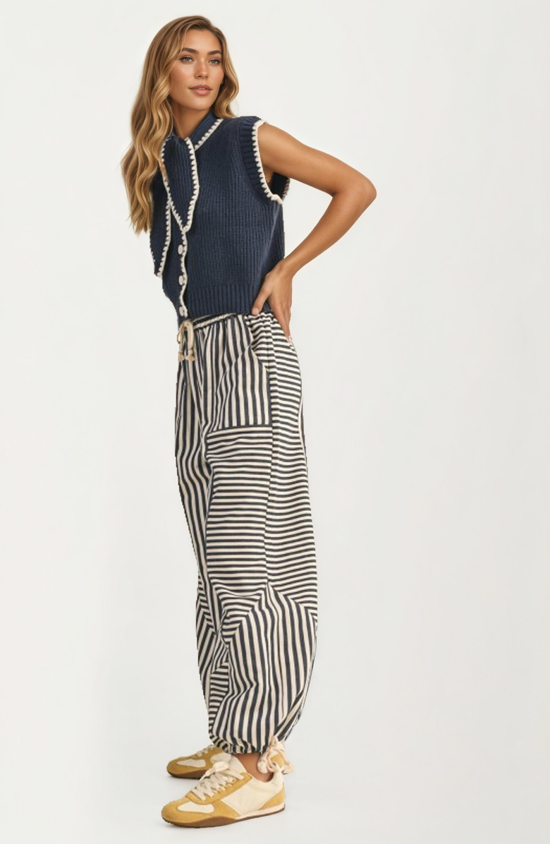 Knit and Lounge Sleeveless Knit Oversized Bow Collar Contrast Trim Vest, Alternate, color, Navy Blue