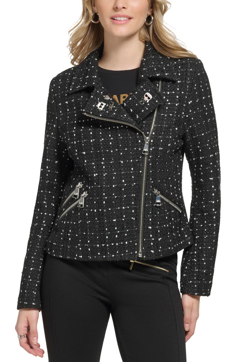 KARL LAGERFELD PARIS Logo Enamel Pin Tweed Moto Jacket, Main, color,