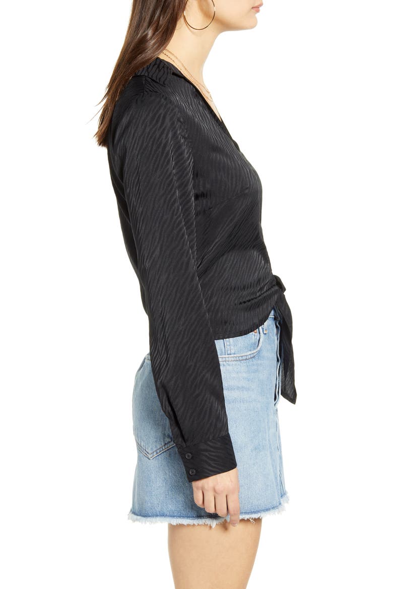 Tie Front Zebra Jacquard Satin Top, Alternate, color, BLACK