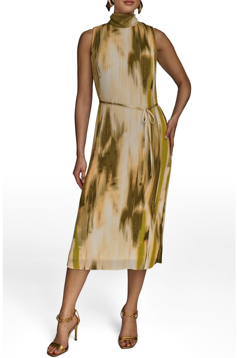 Abstract Print Micropleat Midi Dress, Main, color, SMOKY OLIVE