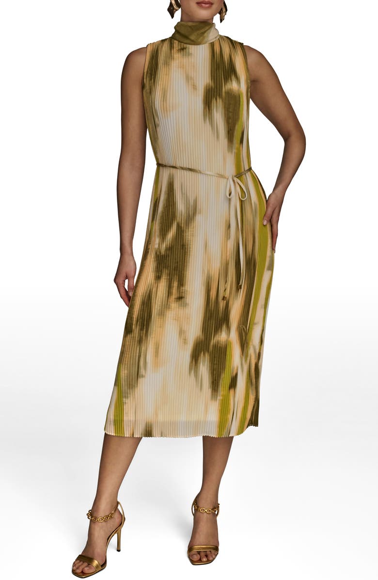 Donna Karan New York Abstract Print Micropleat Midi Dress, Main, color, Smoky Olive