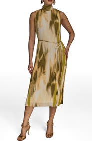 Donna Karan New York Abstract Print Micropleat Midi Dress