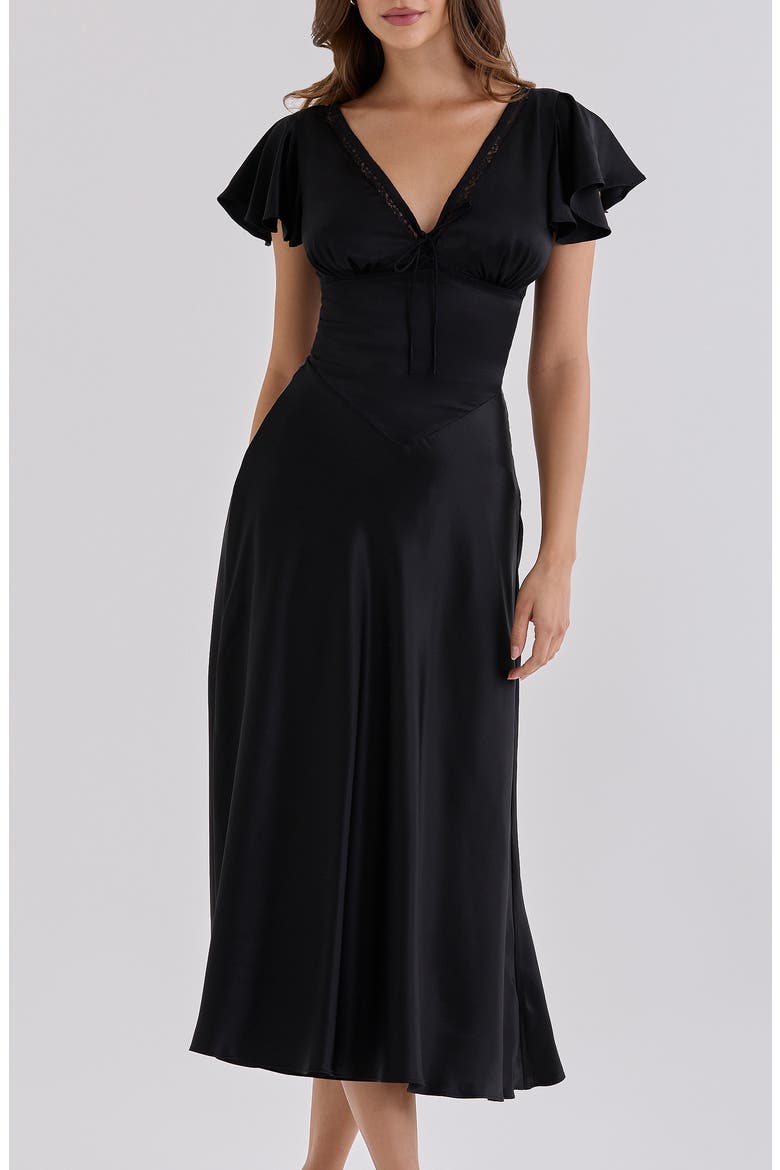 Ravella Silk V-Neck Midi Dress, Alternate, color, BLACK