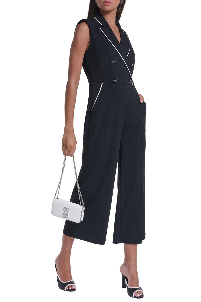 Contrast Piping Detail Scuba Crepe Jumpsuit, Alternate, color, BLACK/ SOFT WHITE