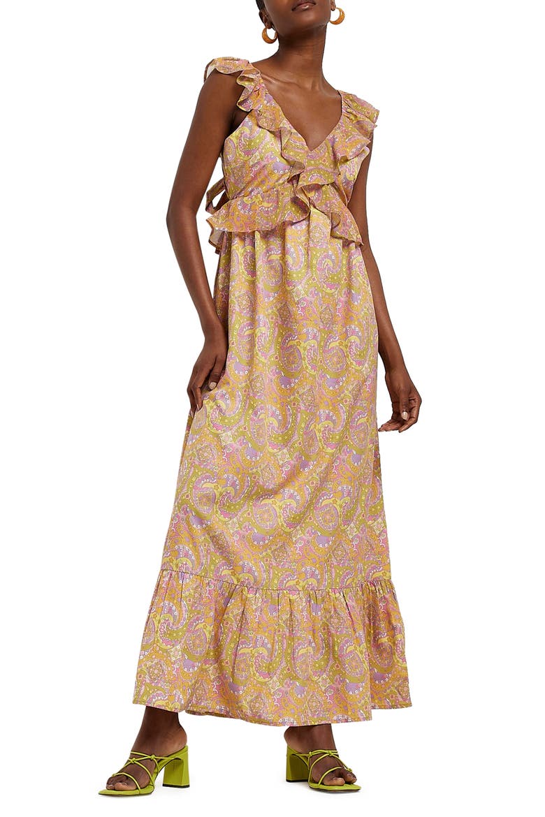 Ruffle Paisley Sleeveless Maxi Dress, Main, color, ORANGE