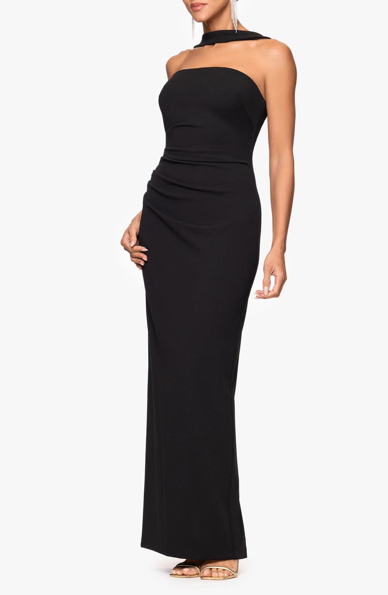 Xscape Evenings Halter Neck Scuba Crepe Sheath Gown, Alternate, color, Black