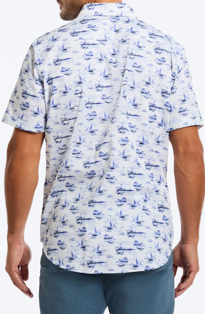 Robert Graham Alboran Sailboat Print Short Sleeve Cotton Button-Up Shirt, Alternate, color, Blue