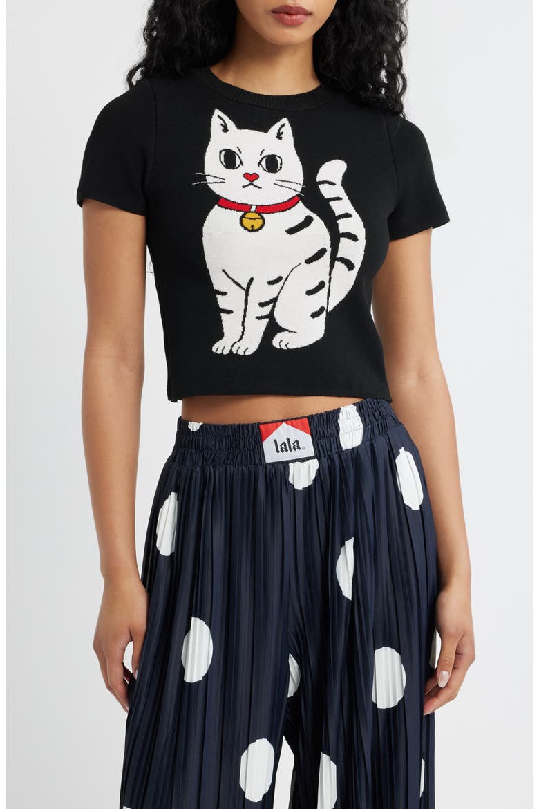 Lucky Kitty Knit Tee, Main, color, BLACK LUCKY KITTY