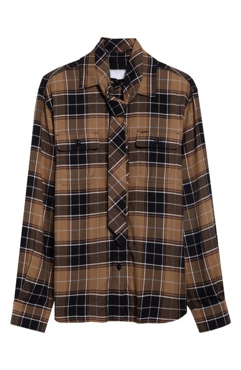 Plaid Flannel Necktie Button-Up Shirt