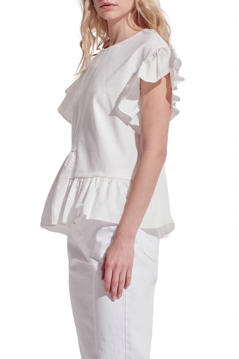 Flutter Sleeve Mixed Media Peplum Top, Alternate, color, WHITE