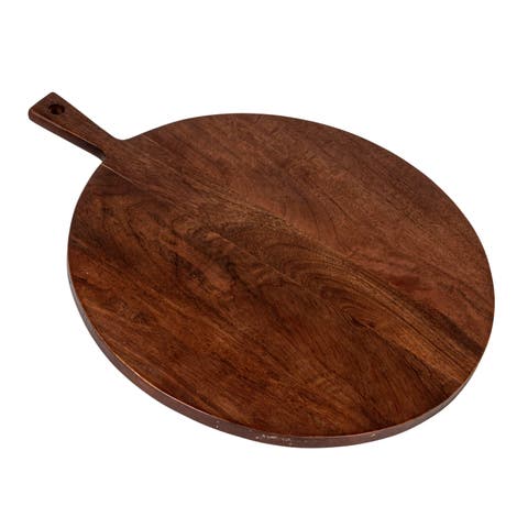 Round Mango Wood Cheese/Cutting Board with Handle, Walnut Finish